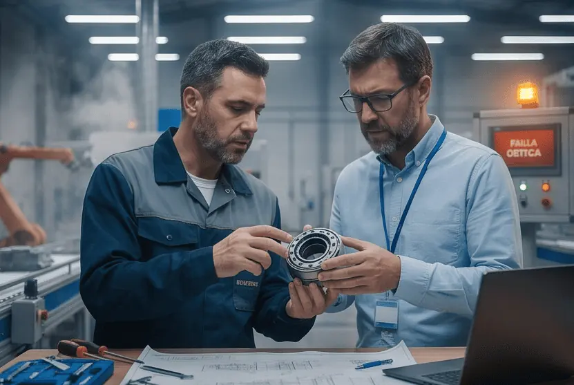 Técnicos analizando un componente industrial
